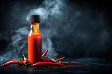 Spicy hot sauce bottle with smoke and chili peppers