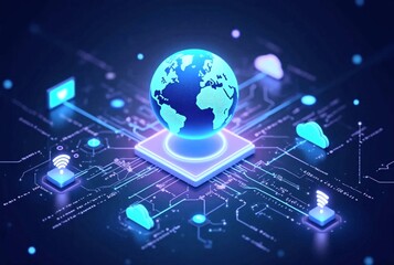 Digital illustration representing the internet. Glowing cyber-themed background with network connection and wave. 3D hologram of the Earth with data streams with Wi-Fi icons cloud server code snippets