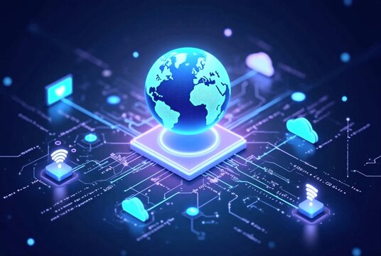 Digital illustration representing the internet. Glowing cyber-themed background with network connection and wave. 3D hologram of the Earth with data streams with Wi-Fi icons cloud server code snippets