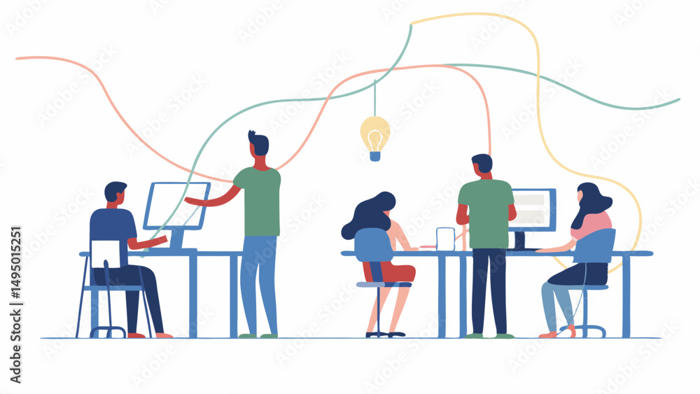 Aufkleber illustration of people working at desks with computers and lightbulbs connected by lines above them
