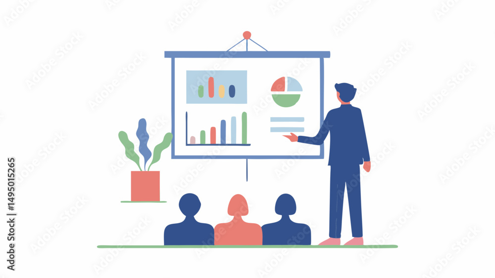 Poster a presenter stands before a screen displaying charts while three audience members watch the presenta