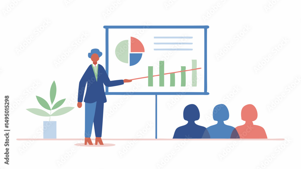 Poster woman presenting a pie chart and bar graph to an audience in a business meeting presentation setting