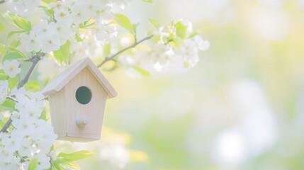 Delicate wooden birdhouse nestled among spring blossoms.