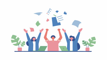 Three people celebrating with arms raised and papers flying in the air near laptops and plants on a desk