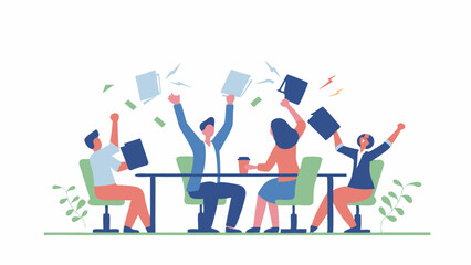 Group of colleagues celebrating success by throwing papers in the air at a table in an office setting