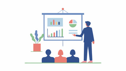 A presenter stands before a screen displaying charts while three audience members watch the presentation attentively