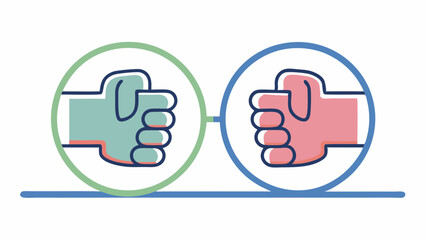 Two hands in oval shapes connected by a line with one hand green and the other hand pink on a blue line