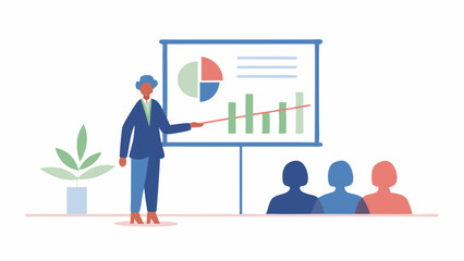 Woman presenting a pie chart and bar graph to an audience in a business meeting presentation setting