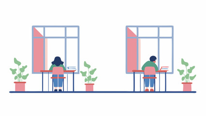 Two people sitting at desks by windows with plants in pots in a bright and minimalist style room scene