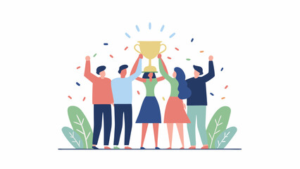 Illustration of a group of people celebrating and holding a golden trophy in the air with confetti falling