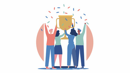 Group of people celebrating with a golden trophy and confetti falling around them in a joyful scene