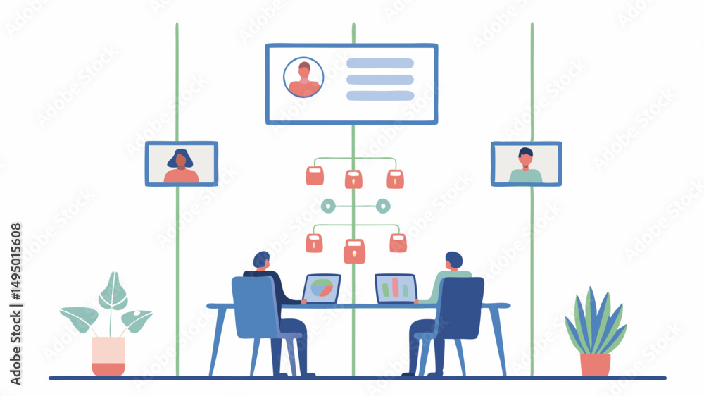 Poster illustration of two people at a table with laptops, connected to a network of profiles and data poin