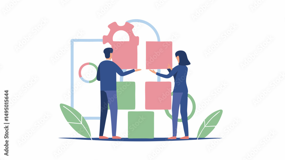 Aufkleber people collaborating on a bar graph with gear and circular elements in a light and airy setting desi