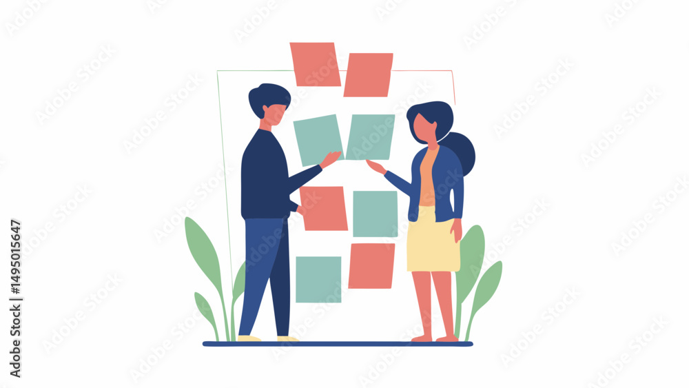 Poster two colleagues brainstorming with sticky notes on a whiteboard in a modern office setting together