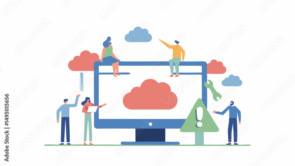 Aufkleber illustration of people interacting with a large computer monitor displaying cloud icons and a warnin