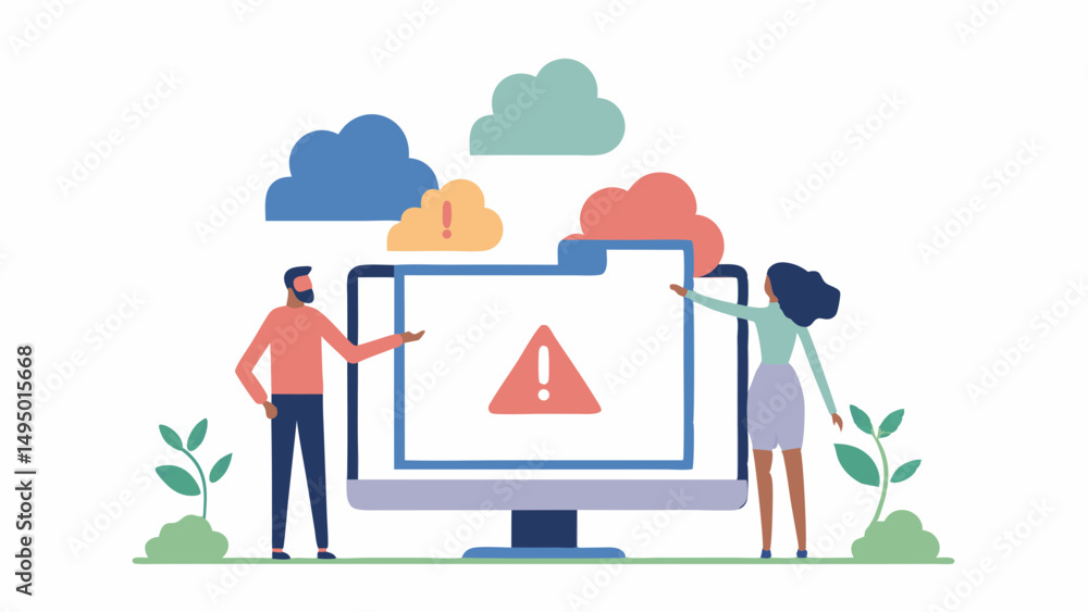 Poster two people looking at a computer screen with a folder and a warning sign surrounded by colorful clou