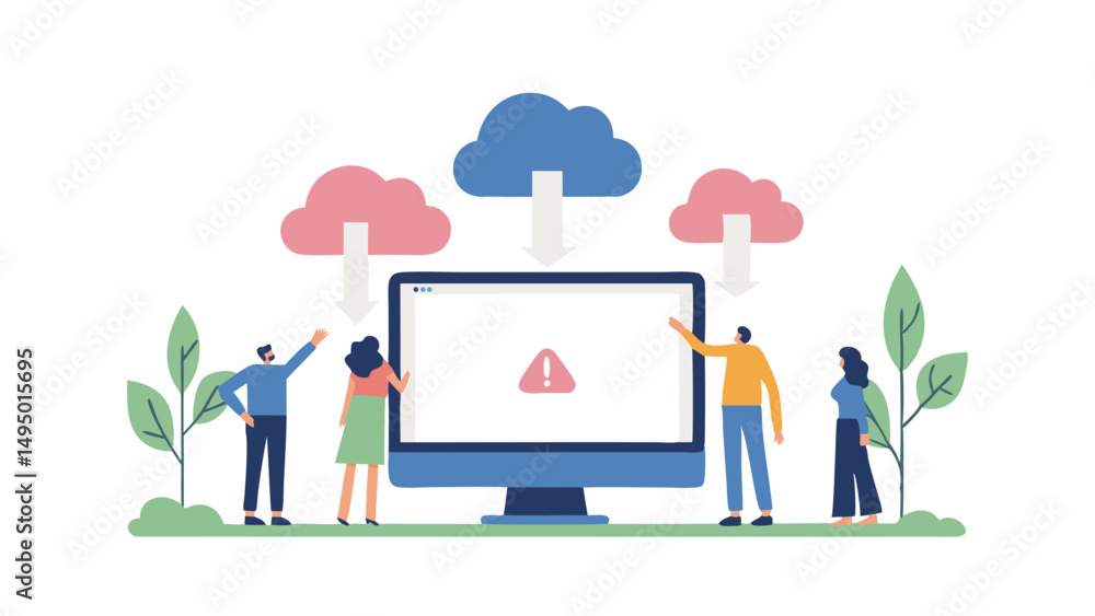 Poster illustration of people around a computer with cloud icons and a warning sign on the screen display