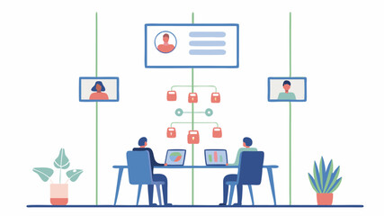 Illustration of two people at a table with laptops, connected to a network of profiles and data points