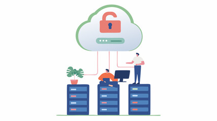 Illustration showing cloud with unlocked padlock above servers and people interacting with technology online