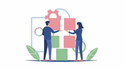 People collaborating on a bar graph with gear and circular elements in a light and airy setting design