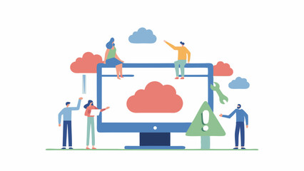 Illustration of people interacting with a large computer monitor displaying cloud icons and a warning sign