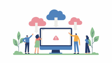 Illustration of people around a computer with cloud icons and a warning sign on the screen display