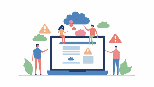 Illustration of people interacting with a large laptop with cloud and warning symbols around it