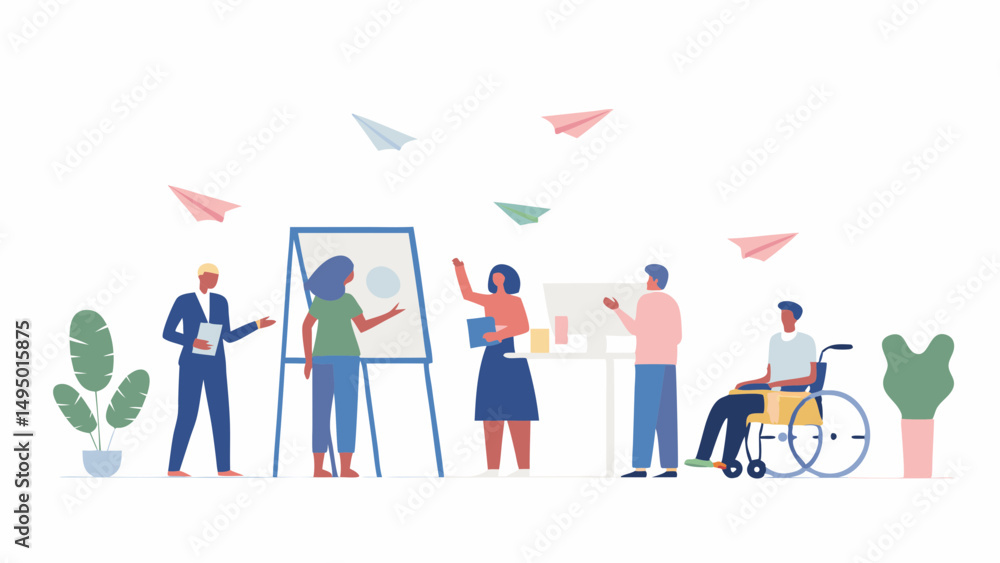 Aufkleber diverse team brainstorming near a whiteboard with paper airplanes floating in the background illustr