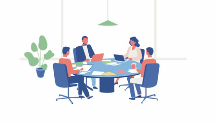 Fototapeta premium Illustration of a business meeting with five people around a blue table with laptops and documents