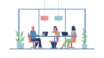 Illustration of three people sitting at a table in an office setting with laptops and hanging lights above them