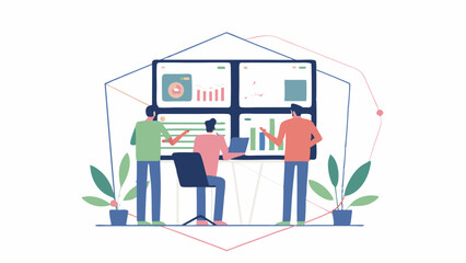 Illustration of three people looking at a screen displaying charts and graphs in an office space