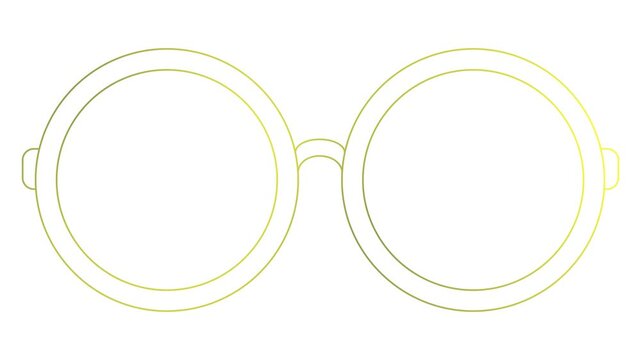 Animated golden linear symbol of glasses is drawn. Linear icon of eyeglasses. Looped video. Concept of ophthalmologist. Vector illustration on white background.