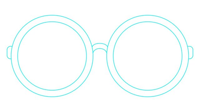 Animated blue linear symbol of glasses is drawn. Linear icon of eyeglasses. Looped video. Concept of ophthalmologist. Vector illustration on white background.