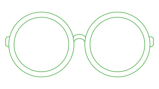 Animated green linear symbol of glasses is drawn. Linear icon of eyeglasses. Looped video. Concept of ophthalmologist. Vector illustration on white background.