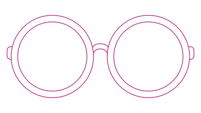 Animated magenta linear symbol of glasses is drawn. Linear pink icon of eyeglasses. Looped video. Concept of ophthalmologist. Vector illustration on white background.