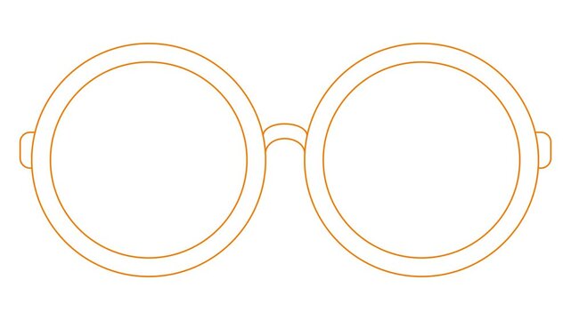 Animated orange linear symbol of glasses is drawn. Linear icon of eyeglasses. Looped video. Concept of ophthalmologist. Vector illustration on white background.