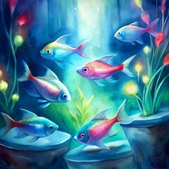 Fototapeta premium Neon tetras in freshwater fish tank