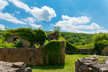 Ruins overgrown with greenery under a clear blue sky in a serene countryside landscape during a sunny day