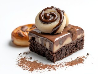 A macro-style close-up of the desserts showing rich details: the cracked surface of the brownie, gooey chocolate oozing from the lava cake, the swirl and glaze of the cinnamon roll.