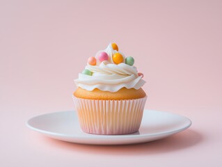 A minimalist composition featuring a single pastel cupcake centered on a plain white plate.