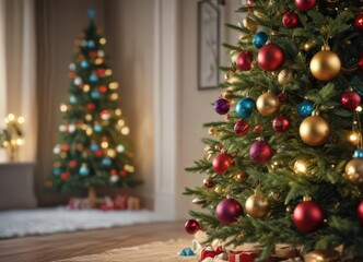Classic Christmas tree, colorful baubles, soft focus lights ,  holiday,  gold baubles