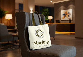 Tote Bag Mockup on Chair in Hotel Lobby