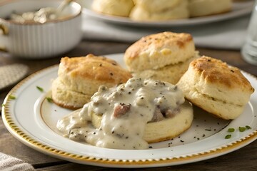 Southern-Style Biscuits and Sausage Gravy on Rustic Table &ndash; Comfort Breakfast Food Photography