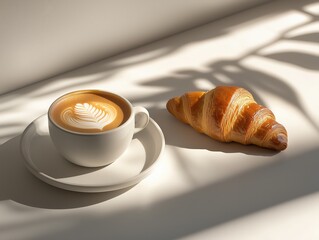 A minimalist image featuring just a simple cup of coffee with perfect latte art and a single croissant on a clean white plate. 