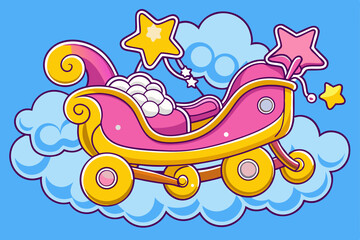 Obraz premium Flying Sleigh Above Clouds with Stars Dreamy Vector Illustration