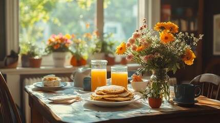 Relaxing Morning with Orange Juice, Flowers, and Sun