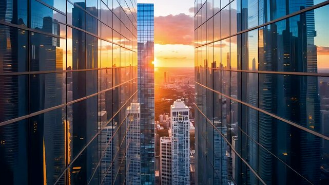 Sunrise Reflection Between Skyscrapers in Modern Business District with Futuristic Glass Facades