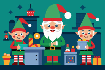 Elves working in Santa&rsquo;s workshop vector cartoon illustration