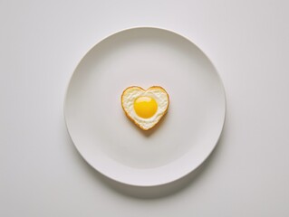 A minimalist shot of a single heart-shaped fried egg placed neatly on a plain white plate. 