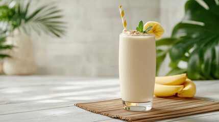 Creamy banana smoothie in tall glass with straw, garnished with mint and banana slice